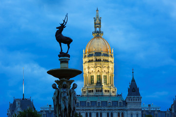 Corning Fountain and Connecticut State Capital after Sunset, Hartford, CT. 