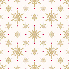 Golden geometric snowflakes pattern. Luxury vector Christmas seamless texture with small gold snowflakes and red dots on white backdrop. Winter holidays background. Repeat design for decor, gift paper