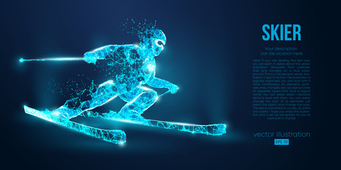 Fototapeta na wymiar Abstract silhouette of a skier jumping from particles on blue background. All elements on a separate layers color can be changed to any other. Low poly neon wire outline geometric. Vector ski