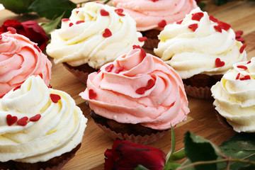 Delicious cupcake for Valentine Day. Love concept cupcakes. For celebrating Valentines Day