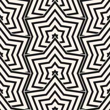 Vector monochrome geometric seamless pattern with stars, thin lines, grid. Simple black and white geometrical background. Abstract linear texture. Stylish modern repeat design for decor, print, wrap