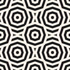 Vector monochrome geometric seamless pattern. Abstract linear texture with lines, stripes, octagon shapes, circles. Simple black and white graphic background. Modern ornament. Stylish repeat design