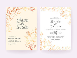 Set of cards with lineart floral decoration. Wedding invitation template design of luxury gold flowers and leaves. Floral illustration decoration for save the date, event, cover, poster vector