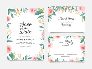 Set of cards with floral decoration. Wedding invitation template design of elegant rose flowers and leaves with glitter. Floral illustration decoration for save the date, event, cover, poster