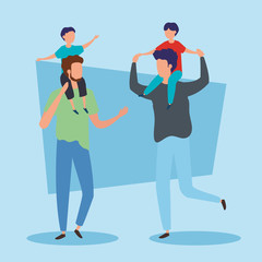 parents carrying sons on shoulders vector illustration design