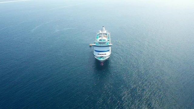 View out and above the bow of German cruise ship moored in the port of Esperance, Australia, ferries passengers to the mainland for tours.