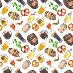 Watercolored hand drawn illustration. Seamless pattern of beer mug, bottle, glass, hop. For wrapping paper, wallpaper, fabric pattern, bar pub backdrop, print, gift wrap, cover of notebook, envelope