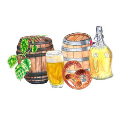 Watercolor hand drawn illustration of beer on white background. Glass, mug, pretzel, hop. Suit for Oktoberfest poster, menu, invitation to party, brewery or bar pub label.