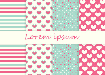 Cute pattern set. Hearts background. Vector.