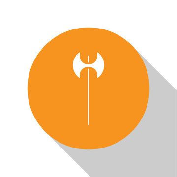 recommend clip art: White Medieval axe icon isolated on white background. Battle axe, executioner axe. Medieval weapon. Orange circle button. Vector Illustration