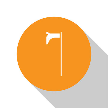 recommend clip art: White Medieval axe icon isolated on white background. Battle axe, executioner axe. Medieval weapon. Orange circle button. Vector Illustration