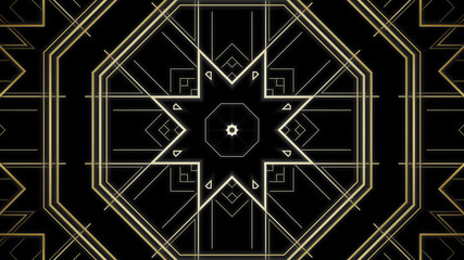 Kaleidoscope Gatsby Art deco pattern. Gold background of modern early 20th century ornament with star shapes. Geometric elegant abstract lines & squares. Arabesque oriental style