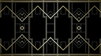 Gatsby Art deco 20's style animated pattern. Gold modern early 20th century ornament builds up and appears on black background. Geometric elegant abstract