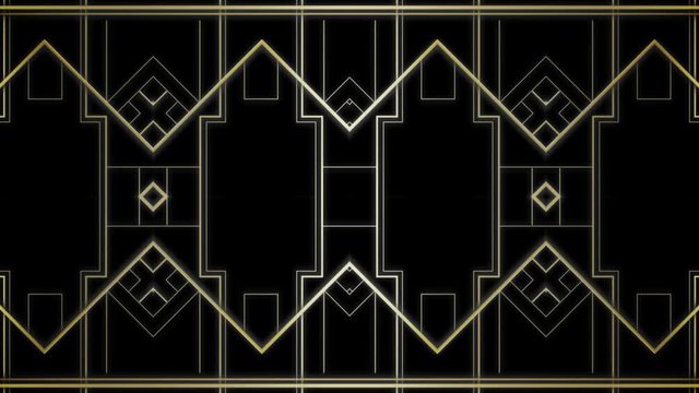 Gatsby Art deco 20's style animated pattern. Gold modern early 20th century ornament builds up and appears on black background. Geometric elegant abstract