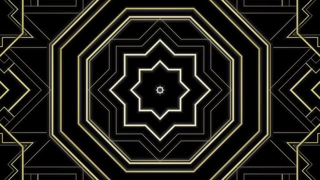 Gatsby Art deco 20's style animated Seamless Looped Pattern. Gold modern early 20th century ornament builds up and appears on black background. Geometric elegant abstract party kaleidoscope