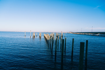 An unfinished pier on the peace river at Punta Gorda harbour and Charlotte harbour, Florida