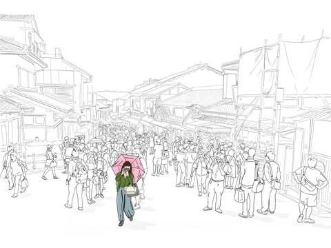 Hand drawn illustration. A woman takes a photo of the famous Kiyomizu Dera temple, with a crowd approaching along Matsubara Dori behind her, in Kyoto, Japan. Woman in color with black and white behind