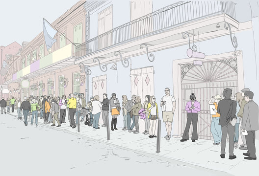 Hand drawn illustration. At the famous Preservation Hall landmark in New Orleans, Louisiana, people wait in line to see live Jazz music. Full color drawing.