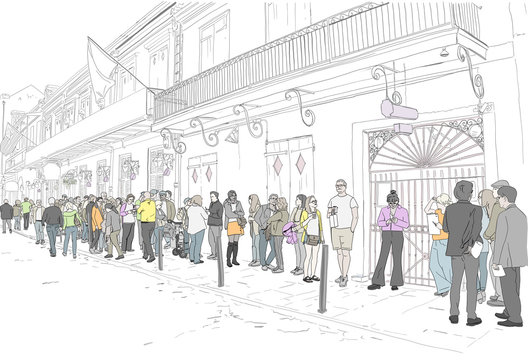 Hand drawn illustration. At the famous Preservation Hall landmark in New Orleans, Louisiana, people wait in line to see live Jazz music. People in color.