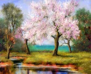 Obraz na płótnie Canvas Digital paintings spring landscape, tree in bloom