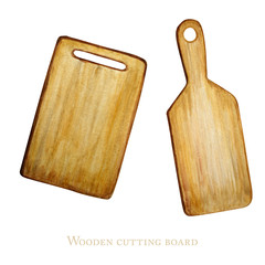 Watercolor Wooden cutting board set. Wooden Kitchen accessories for baking illustration, isolated on white background. It's cooking time. Baking tools.