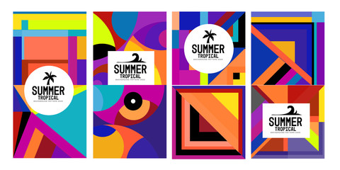 Vector summer tropical abstract geometric colorful background set for print, social media story, fabric, banner, and website. 