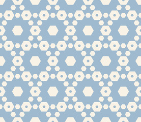 White and blue vector geometric seamless pattern with hexagonal lattice. Subtle minimal hexagons texture, ornamental grid, mesh, net. Abstract repeatable background. Winter season decorative design