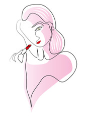 One continuous line drawing of Beautiful young woman wearing lipstick in hand. Simple line art drawing of Beautiful young woman wearing lipstick in hand on white background.