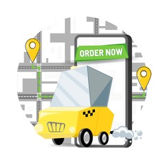 Taxi service with online booking, choosing the route on the map. Smartphone with order button - application for the mobile phone. Vector illustration.