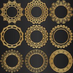 A collection of nine luxurious frames. Vector round gold frames for photos, paintings, illustrations, mirrors. The element of registration of a card, invitations, books. 