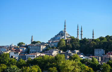 View on historic architecture, on the hill Suleymaniye Mosque and Beyazit tower, Istanbul, Turkey