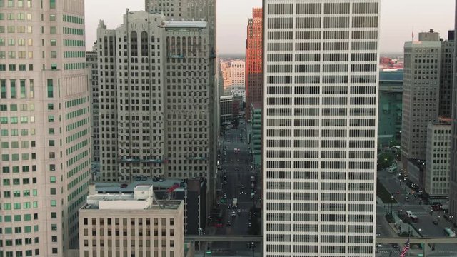 Aerial: Detroit city skyline at sunrise. Detroit, Michigan, USA.