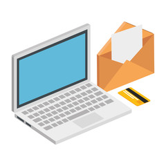 laptop computer with envelope and credit card vector illustration design