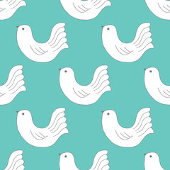 Vector Seamless Pattern of Cute White Flock of Birds. Hand drawn white doves on teal background.