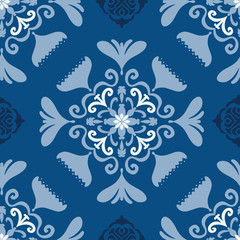 Vector seamless pattern folk art floral tile on classic blue. Hand drawn elements with a slight folk art flair. 