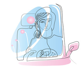 Simple line art drawing of Young smiling woman driving a car. One continuous line drawing of woman driving a car.