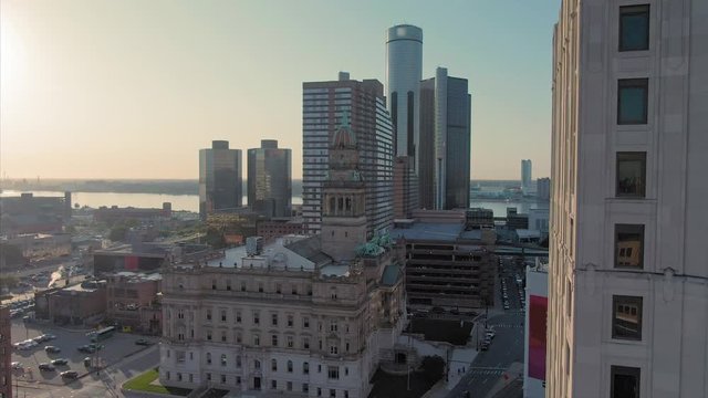 Aerial: Downtown Detroit buildings. Detroit, Michigan, USA