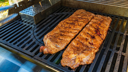 Pork ribs in barbecue. American food. View from above.