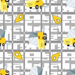 Taxi cartoon seamless pattern with the map and pointer pin, vector illustration. Cute print for a wrapping paper and textile fabric.
