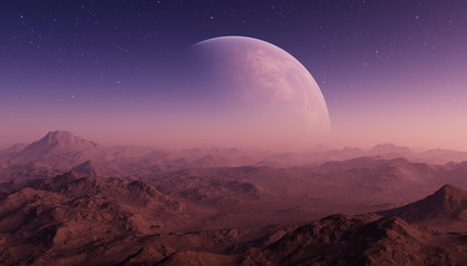 3d rendered Space Art: Alien Planet - A Fantasy Landscape with purple skies and stars © britaseifert