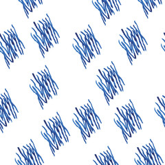 Abstract simple trendy seamless pattern.  Blue colour.  Watercolour brush strokes, different spots, hand drawn in doodle style. Modern textile, packaging, wrapping paper. Lines.