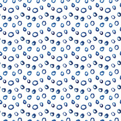 Abstract simple trendy seamless pattern.  Blue colour.  Watercolour brush strokes, different spots, hand drawn in doodle style. Modern textile, packaging, wrapping paper. Bubbles.