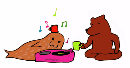 animals listening music with portable player