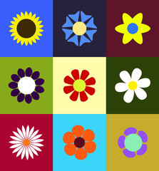Cute Nine primaveral Colorfull flowers into colored square, vector set