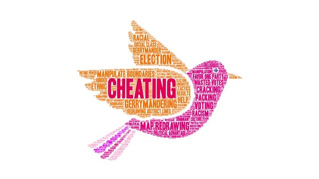 Cheating with Gerrymandering animated word cloud on a white background. 