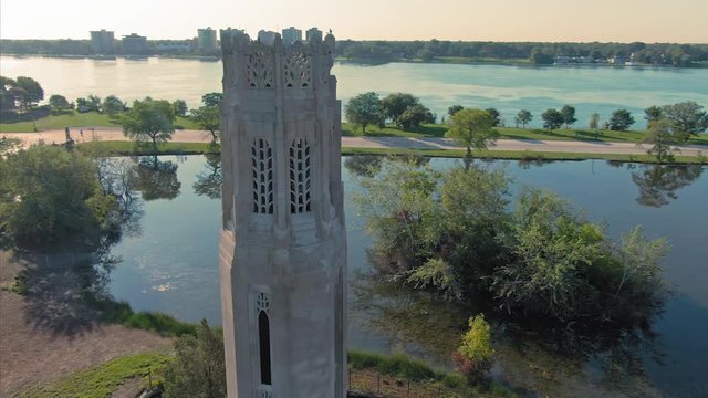 Aerial: Belle Isle park and Nancy Brown Peace Carillon Tower. Detroit, Michigan, USA