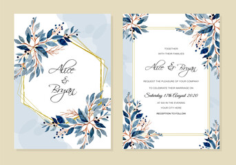 wedding invitation card with blue leaves watercolor