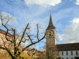 Fototapeta na wymiar St. Peter Church in autumn. Switzerland, Europe.