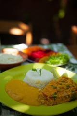 Fish stew with rice, pirão, salad and farofa. Typical dish of Bahian cuisine. Brazil