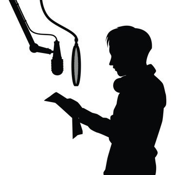recommend clip art: Young man with microphone in studio silhouette vector, radio broadcaster, singer